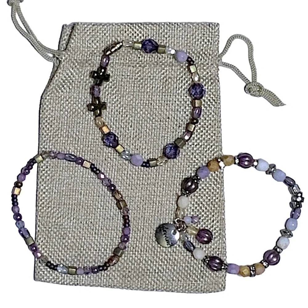 Regal 3 Cross Bracelet Purple Amethyst February Birthstone Religious Beaded
